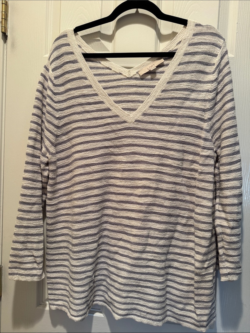 Loft Striped V-Neck Lightweight Sweater - White & gray